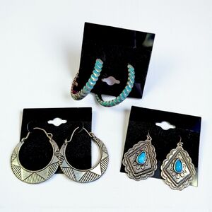 Set of 3 Earrings Turquoise Patina & Etched Sunburst Hoops & Concho Dangles